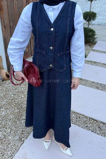 Dark Blue V Neck Sleeveless Arm Cotton Flare Suit