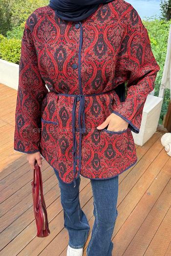 Lamelif Etnik Desenli Biyeli Ceket Rengarenk