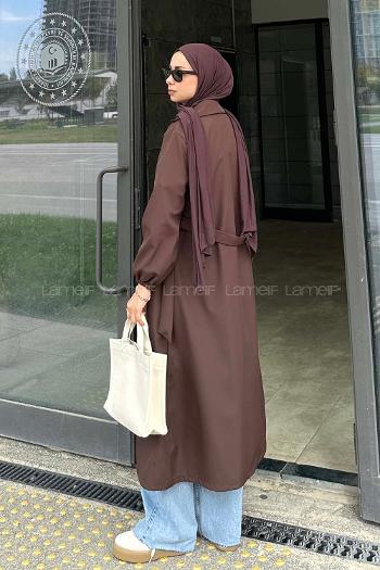 Lamelif Kol Lastikli Düğmeli Trençkot Acı Kahve