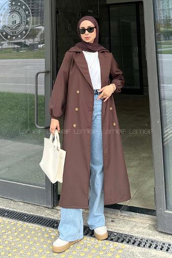 Lamelif Kol Lastikli Düğmeli Trençkot Acı Kahve