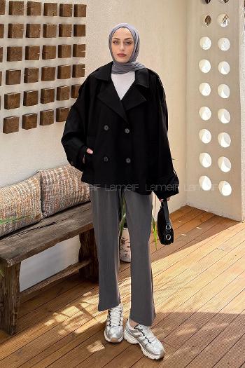 Lamelif Kruvaze Kısa Tesettür Trençkot Siyah