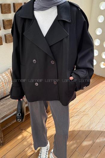 Lamelif Kruvaze Kısa Tesettür Trençkot Siyah