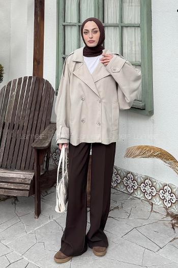 Lamelif Kruvaze Kısa Tesettür Trençkot Taş Rengi