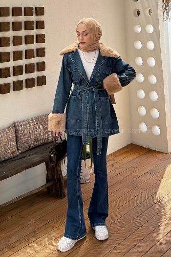 Lamelif Kürklü Kot Ceket Kot Mavisi