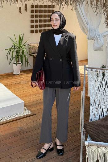 Lamelif Yandan Bağlamalı Ceket Siyah