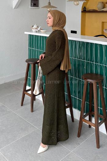 Lamelif Dantelli Triko Elbise Haki