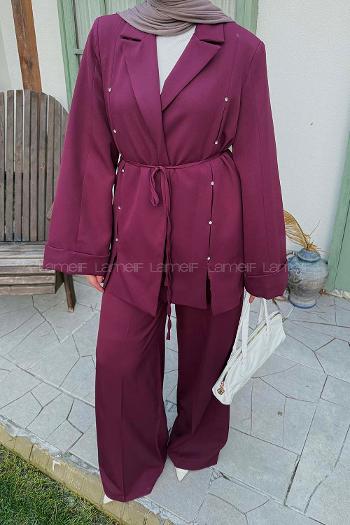 Pens Detaylı Tesettür Takım Bordo