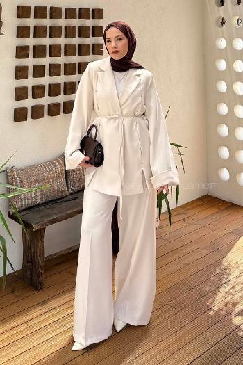 Lamelif Derin Pens Detaylı Tesettür Takım Taş Rengi