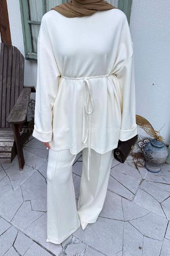 Cream Crew Neck Long Arm Viscose Fabric Elastan Polyester Regular Trousers Comfortable Suit