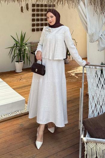 Lamelif Pile Detaylı Tesettür Tüvit Takım Bej