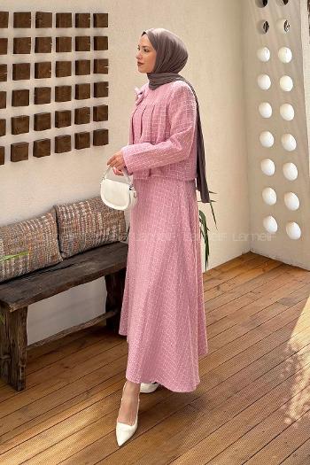 Lamelif Pile Detaylı Tesettür Tüvit Takım Pembe