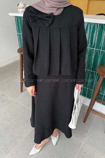 Lamelif Pile Detaylı Tesettür Tüvit Takım Siyah