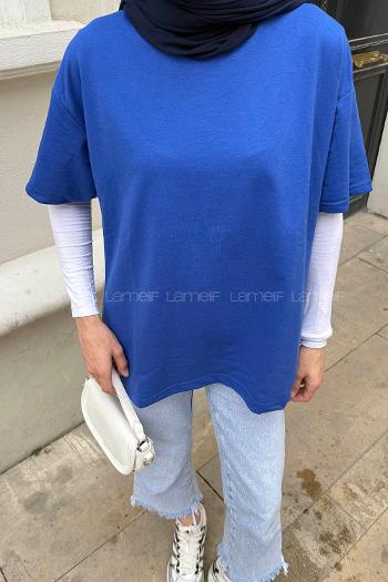 Lamelif Bsikilet Yaka İki İplik Tişört Saks Mavisi