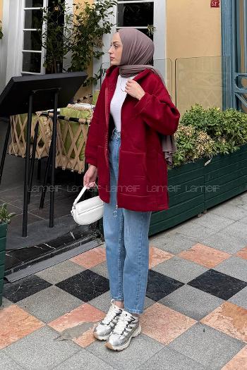 Lamelif Önü Fermuarlı Yan Yırtmaçlı Üç İplik Sweat Bordo