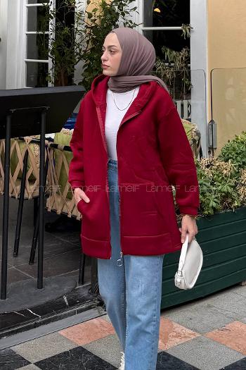 Lamelif Önü Fermuarlı Yan Yırtmaçlı Üç İplik Sweat Bordo