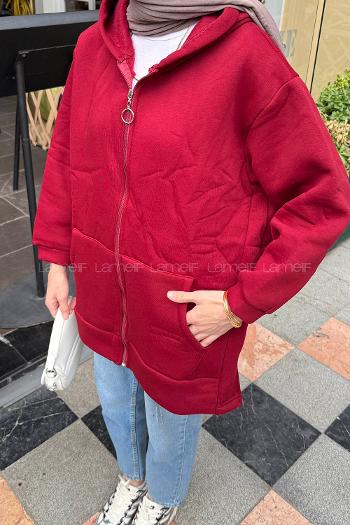 Lamelif Önü Fermuarlı Yan Yırtmaçlı Üç İplik Sweat Bordo