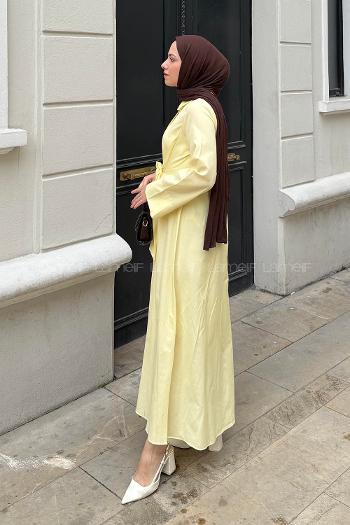 Lamelif Ön Bağlama Detaylı Tesettür Elbise Soft Sarı