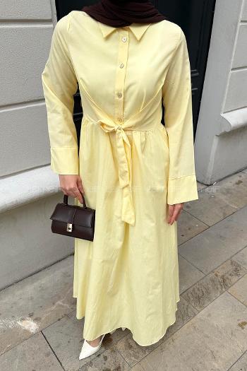 Lamelif Ön Bağlama Detaylı Tesettür Elbise Soft Sarı