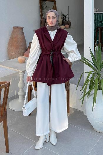 Lamelif Bağlamalı Kaşe Yelek Bordo