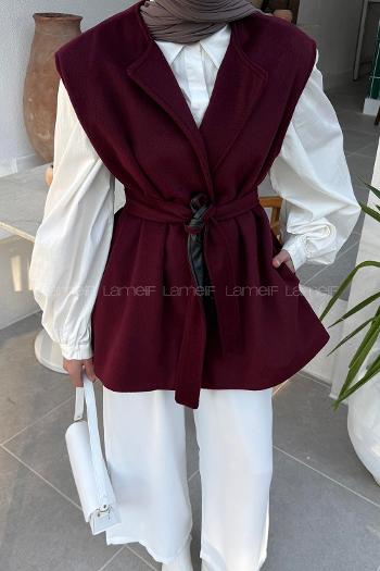 Lamelif Bağlamalı Kaşe Yelek Bordo