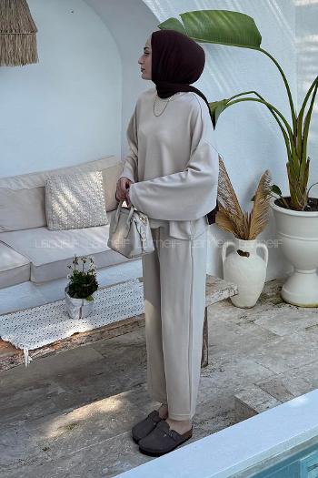 Lamelif Kup Detaylı Eşofman Takımı Bej