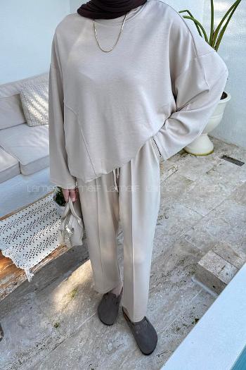 Lamelif Kup Detaylı Eşofman Takımı Bej