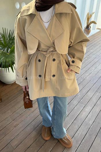 Lamelif Omuz Apoletli Kısa Trençkot Bej