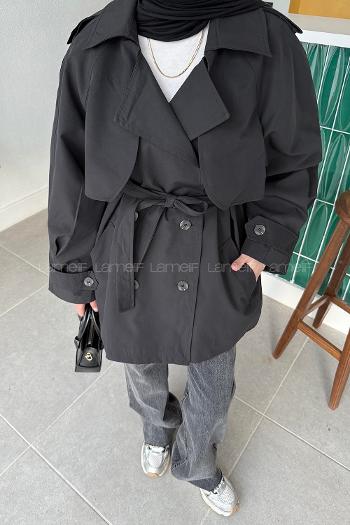 Black Long Arm Buttoned Cotton Fabric Trench Coat