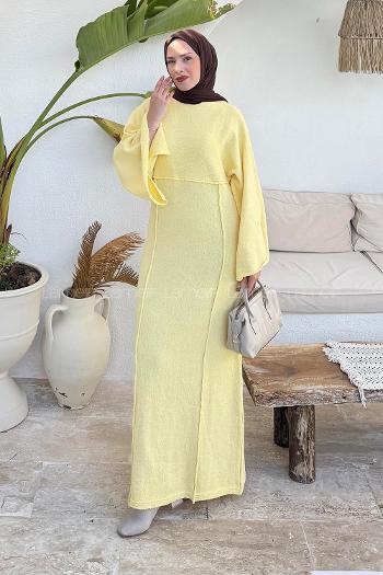 Lamelif Craç İplik Tesettür Elbise Sarı