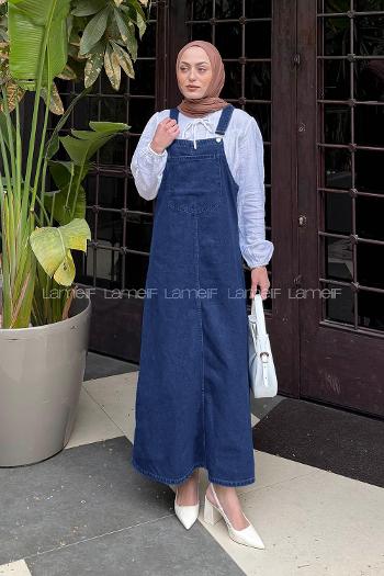 Lamelif Ön Cep Detaylı Denim Salopet Elbise Yıkama