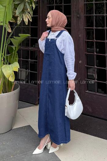 Lamelif Ön Cep Detaylı Denim Salopet Elbise Yıkama