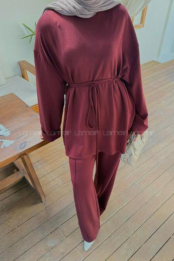Claret Red Crew Neck Long Arm Viscose Fabric Elastan Regular Trousers Comfortable Suit