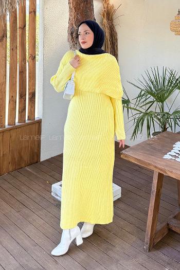 Lamelif Pelerin Yaka Triko Tesettür Elbise Sarı