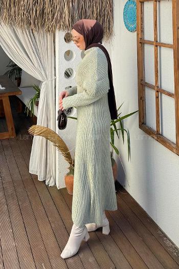 Lamelif Pelerin Yaka Triko Tesettür Elbise Yeşil