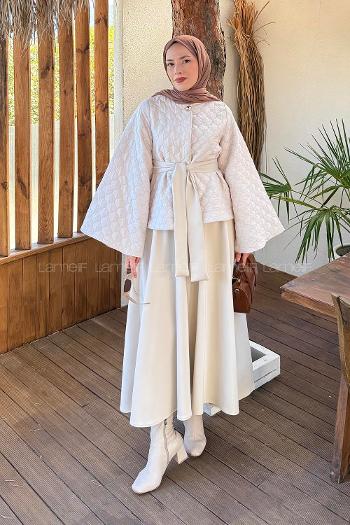 Beige Crew Neck Long Arm Polyester Flared Skirt Suit