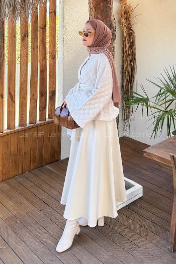 Beige Crew Neck Long Arm Polyester Flared Skirt Suit