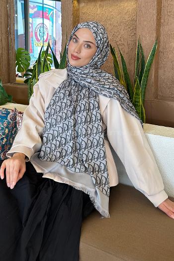 Lamelif Dior Desen Kaşmir Çift Taraflı Şal Gri Antrasit