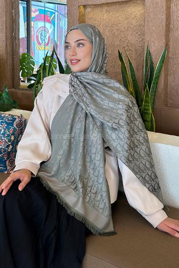 Lamelif Dior Desen Kaşmir Çift Taraflı Şal Haki