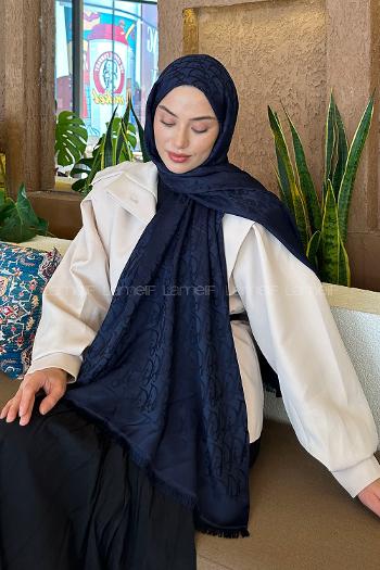 Navy Blue Cotton Fabric Cashmere Striped Printed Shawl