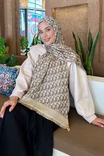 Lamelif Dior Desen Kaşmir Çift Taraflı Şal Soft Kahve Bej