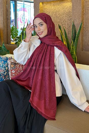 Lamelif Etnik Retro Desen Kaşmir Çift Taraflı Şal Bordo