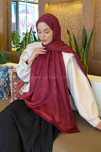 Lamelif Etnik Retro Desen Kaşmir Çift Taraflı Şal Bordo