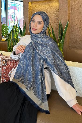 Lamelif Etnik Retro Desen Kaşmir Çift Taraflı Şal Gece Mavisi