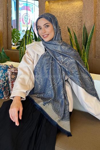 Lamelif Etnik Retro Desen Kaşmir Çift Taraflı Şal Gece Mavisi