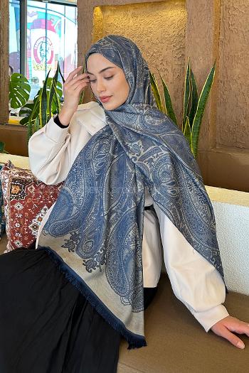 Lamelif Etnik Retro Desen Kaşmir Çift Taraflı Şal Gece Mavisi