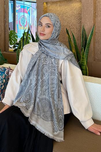 Lamelif Etnik Retro Desen Kaşmir Çift Taraflı Şal Gri Antrasit