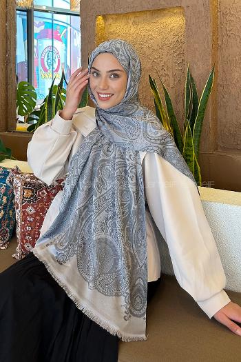 Lamelif Etnik Retro Desen Kaşmir Çift Taraflı Şal Gri Antrasit