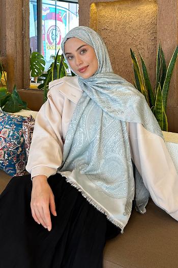 Lamelif Etnik Retro Desen Kaşmir Çift Taraflı Şal Gümüş