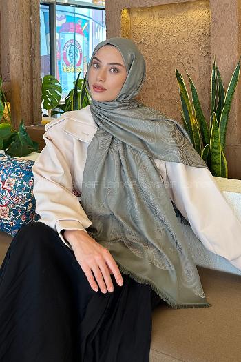 Lamelif Etnik Retro Desen Kaşmir Çift Taraflı Şal Haki