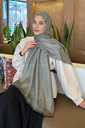 Lamelif Etnik Retro Desen Kaşmir Çift Taraflı Şal Haki